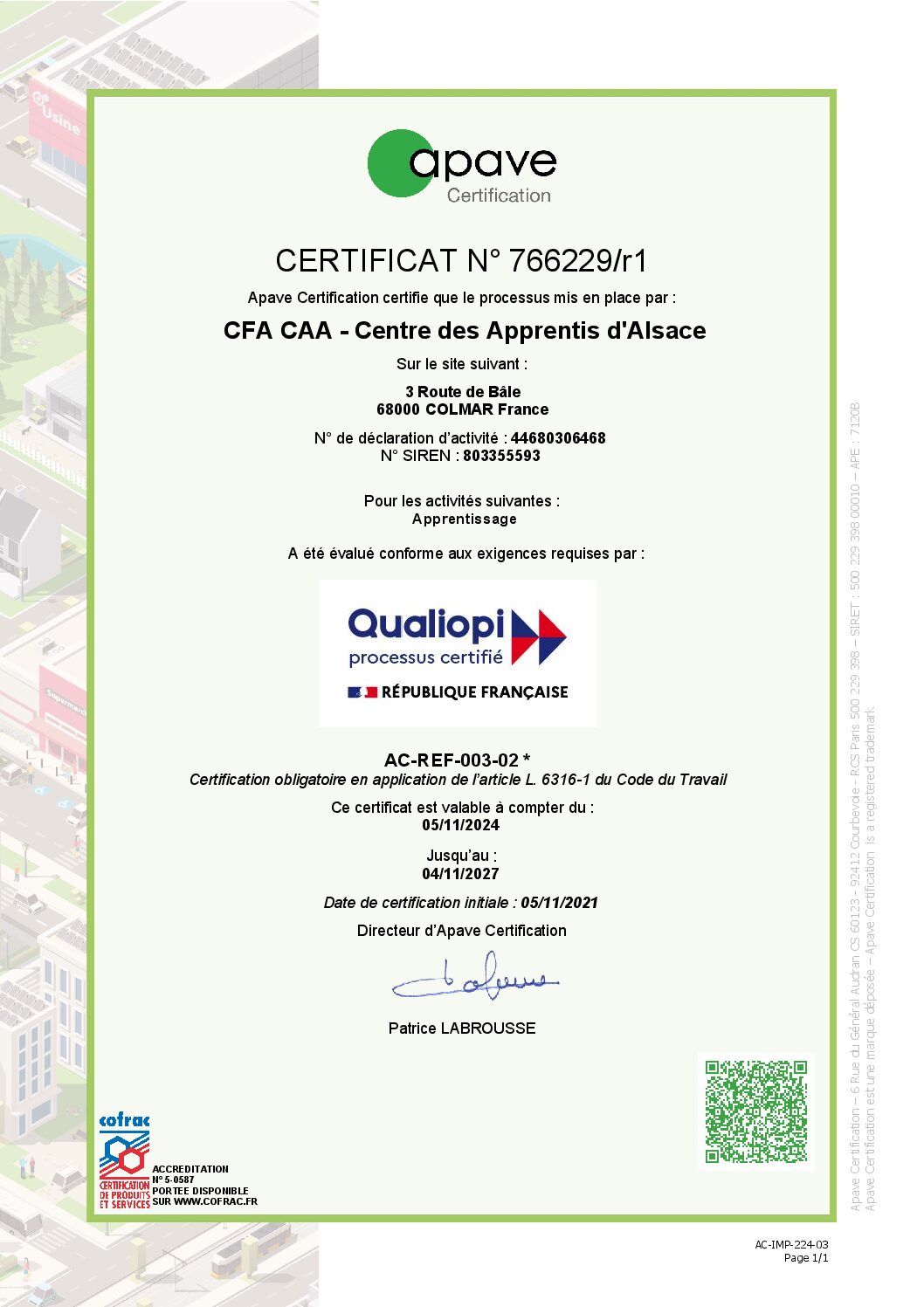 766229-40772 - Certificat Qualiopi renouvellement (CFA CAA)